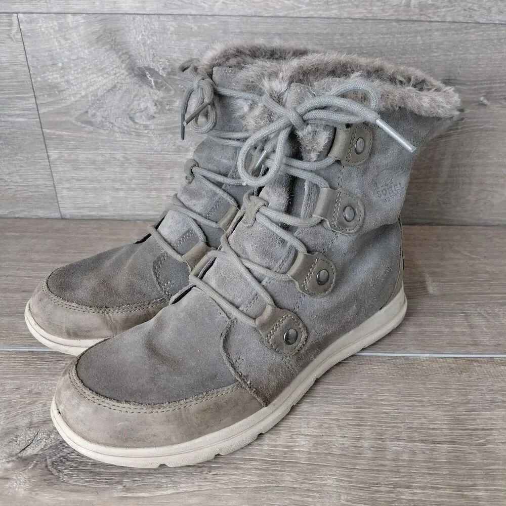 Sorel Explorer Joan Boots Women 10 Gray Suede Leather Winter Waterproof Faux Fur - Picture 4 of 10